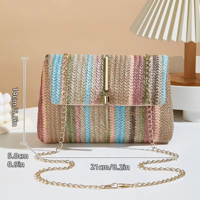 Chic Rainbow Stripe Straw Crossbody Bag for Women