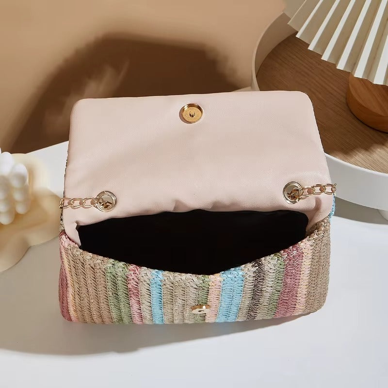 Chic Rainbow Stripe Straw Crossbody Bag for Women