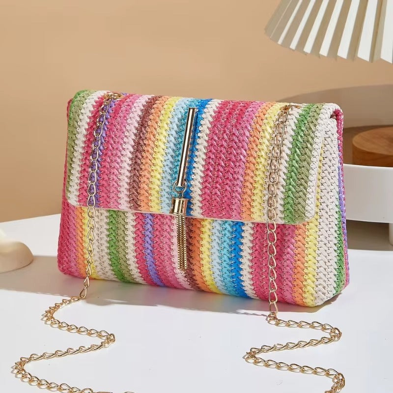 Chic Rainbow Stripe Straw Crossbody Bag for Women
