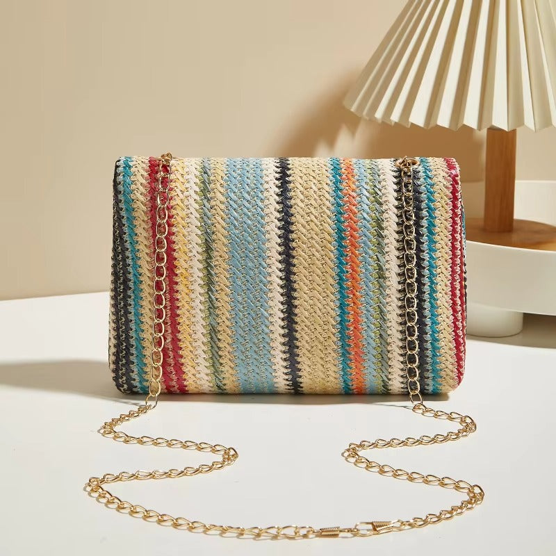 Chic Rainbow Stripe Straw Crossbody Bag for Women