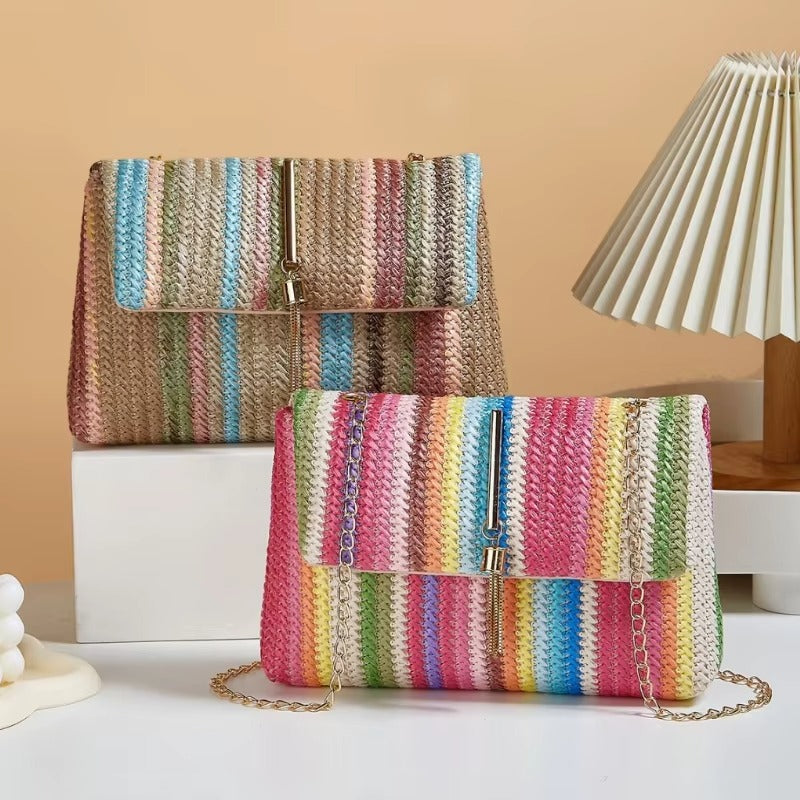 Chic Rainbow Stripe Straw Crossbody Bag for Women