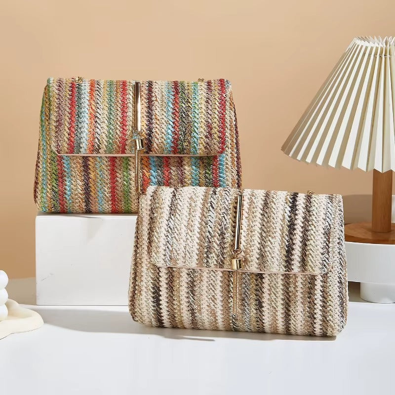 Chic Rainbow Stripe Straw Crossbody Bag for Women